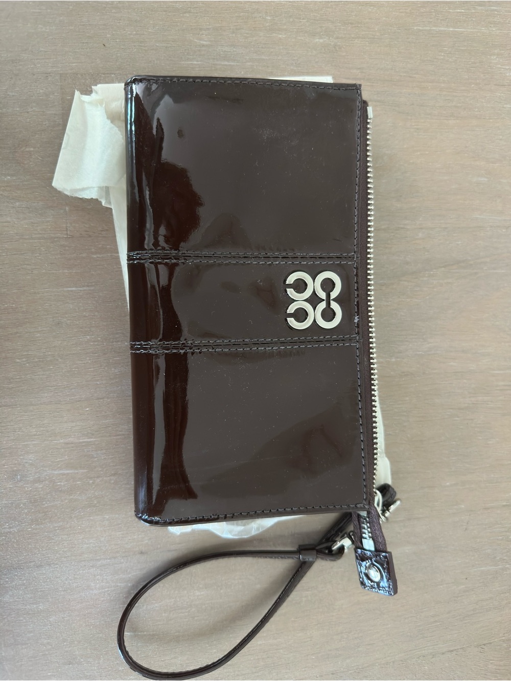 Coach Patent Leather Wristlet Clutch in Dark Brown